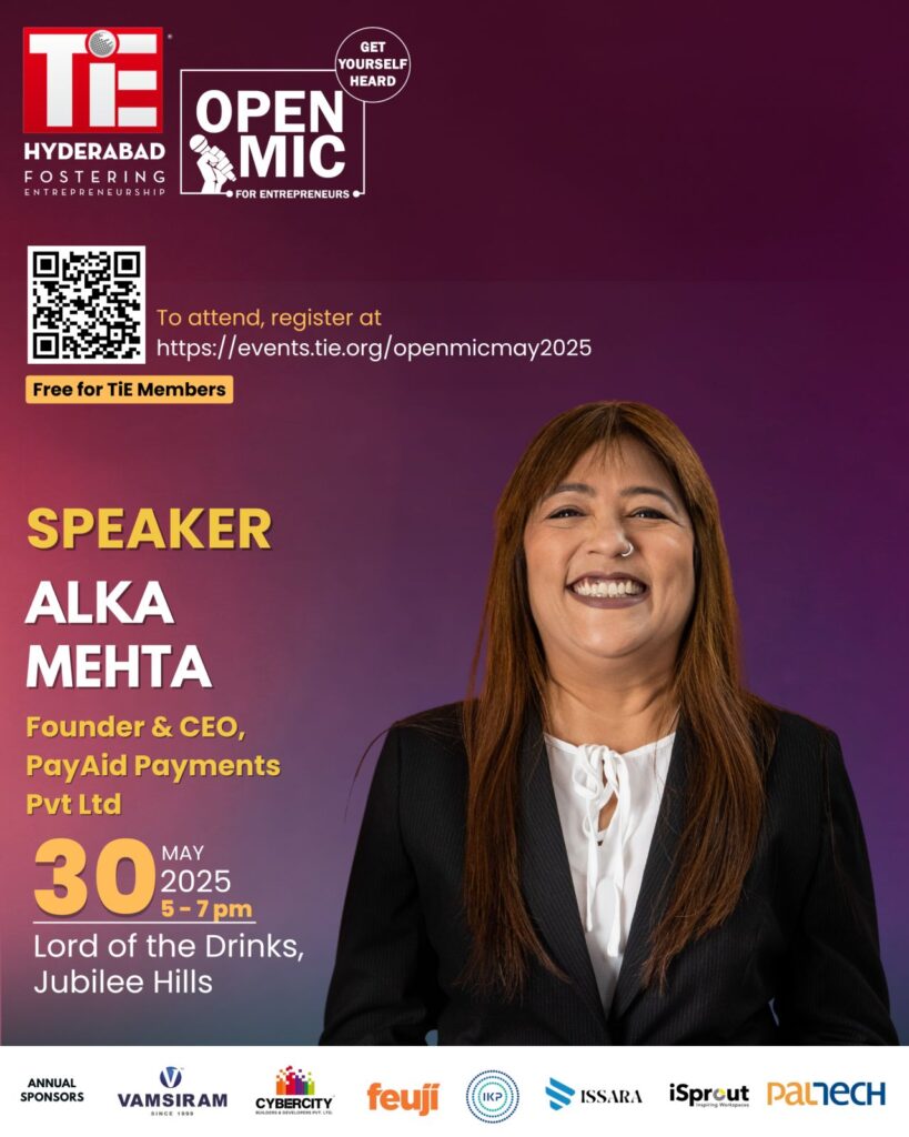 Alka Mehta speaking at TIE Open Mic May'25 Edition, TiE Hyderabad.