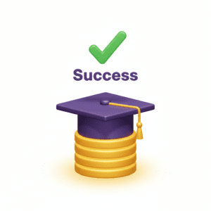 Graduation cap with a violet tassel resting on a stack of yellow gold coins representing successful international student fee collection for EdTech.