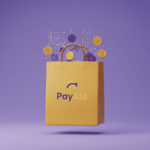 A yellow grocery bag with digital payment symbols on a violet background symbolizing successful grocery app transactions.