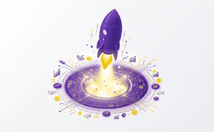 Violet and yellow startup rocket icon representing growth through payment orchestration. payment gateway vs payment orchestrators